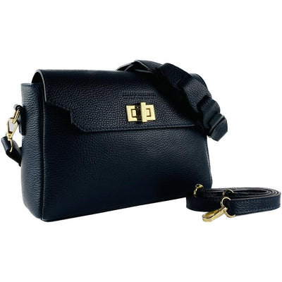 RB1003D | Genuine Leather Shoulder Bag Made in Italy with removable braided shoulder strap and attachments with shiny gold metal snap hooks - Blue color - Dimensions: 28 x 19 x 9 cm-0