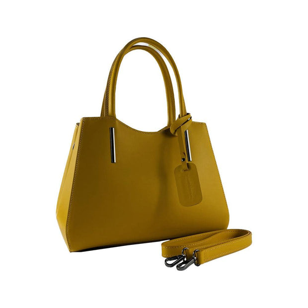 RB1004R | Genuine Leather Handbag Made in Italy with removable shoulder strap and gunmetal metal snap hook attachments - Mustard color - Dimensions: 33 x 25 x 15 cm + Handles 13 cm-2