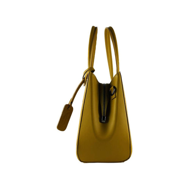 RB1004R | Genuine Leather Handbag Made in Italy with removable shoulder strap and gunmetal metal snap hook attachments - Mustard color - Dimensions: 33 x 25 x 15 cm + Handles 13 cm-3