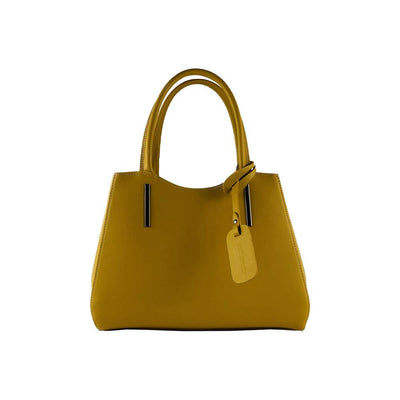 RB1004R | Genuine Leather Handbag Made in Italy with removable shoulder strap and gunmetal metal snap hook attachments - Mustard color - Dimensions: 33 x 25 x 15 cm + Handles 13 cm-0