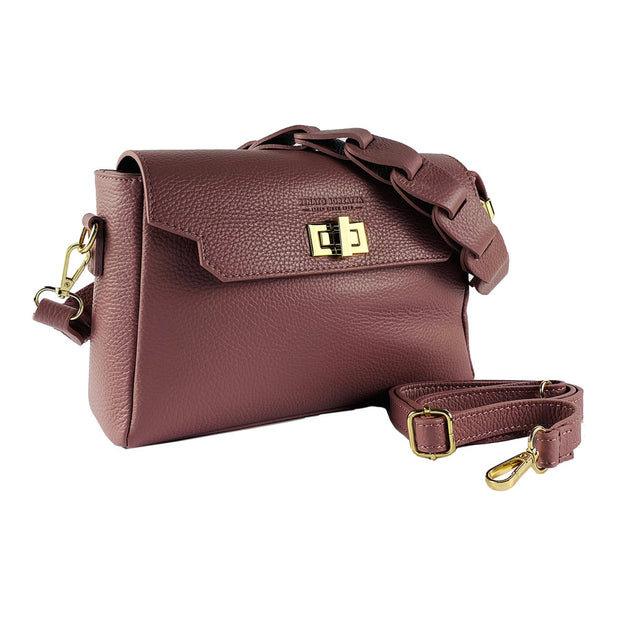 RB1003AZ | Genuine Leather Shoulder Bag Made in Italy with removable braided shoulder strap and attachments with shiny gold metal snap hooks - Antique Pink color - Dimensions: 28 x 19 x 9 cm-0