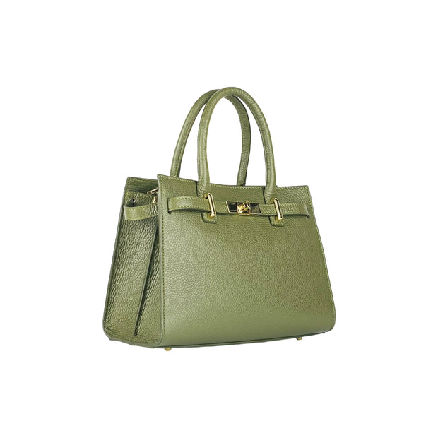 RB1016AG | Women's handbag in genuine leather Made in Italy with removable shoulder strap. Shiny Gold metal snap hooks - Olive Green color - Dimensions: 28 x 20 x 14 + 12.5 cm-1