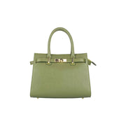 RB1016AG | Women's handbag in genuine leather Made in Italy with removable shoulder strap. Shiny Gold metal snap hooks - Olive Green color - Dimensions: 28 x 20 x 14 + 12.5 cm-2