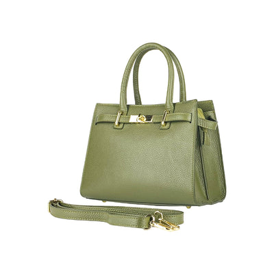 RB1016AG | Women's handbag in genuine leather Made in Italy with removable shoulder strap. Shiny Gold metal snap hooks - Olive Green color - Dimensions: 28 x 20 x 14 + 12.5 cm-0