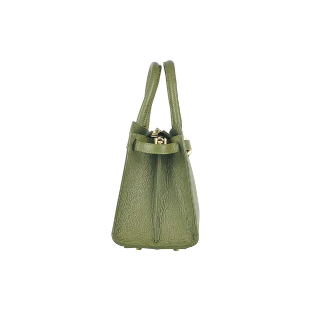 RB1016AG | Women's handbag in genuine leather Made in Italy with removable shoulder strap. Shiny Gold metal snap hooks - Olive Green color - Dimensions: 28 x 20 x 14 + 12.5 cm-4
