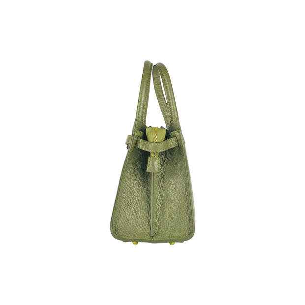 RB1016AG | Women's handbag in genuine leather Made in Italy with removable shoulder strap. Shiny Gold metal snap hooks - Olive Green color - Dimensions: 28 x 20 x 14 + 12.5 cm-5