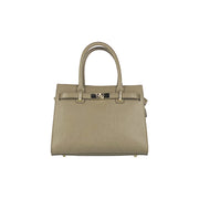 RB1016AQ | Women's handbag in genuine leather Made in Italy with removable shoulder strap. Attachments with shiny gold metal snap hooks - Taupe color - Dimensions: 28 x 20 x 14 + 12.5 cm-2