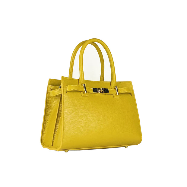 RB1016AR | Women's handbag in genuine leather Made in Italy with removable shoulder strap. Attachments with shiny gold metal snap hooks - Mustard color - Dimensions: 28 x 20 x 14 + 12.5 cm-1