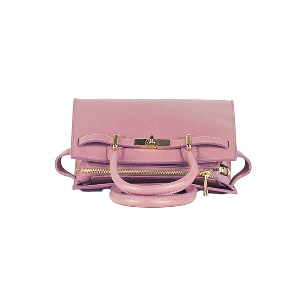 RB1016AZ | Women's handbag in genuine leather Made in Italy with removable shoulder strap. Shiny Gold metal snap hooks - Antique Pink color - Dimensions: 28 x 20 x 14 + 12.5 cm-6