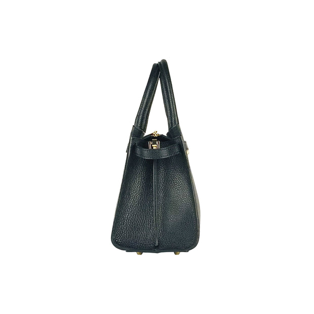RB1016A | Women's handbag in genuine leather Made in Italy with removable shoulder strap. Attachments with shiny gold metal snap hooks - Black color - Dimensions: 28 x 20 x 14 + 12.5 cm-4