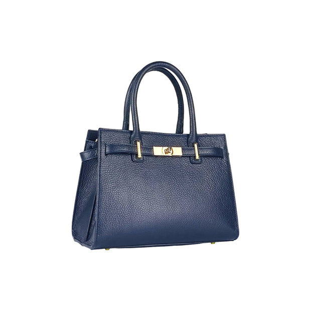 RB1016D | Women's handbag in genuine leather Made in Italy with removable shoulder strap. Attachments with shiny gold metal snap hooks - Blue color - Dimensions: 28 x 20 x 14 + 12.5 cm-1