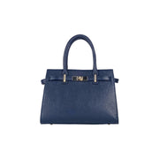 RB1016D | Women's handbag in genuine leather Made in Italy with removable shoulder strap. Attachments with shiny gold metal snap hooks - Blue color - Dimensions: 28 x 20 x 14 + 12.5 cm-2