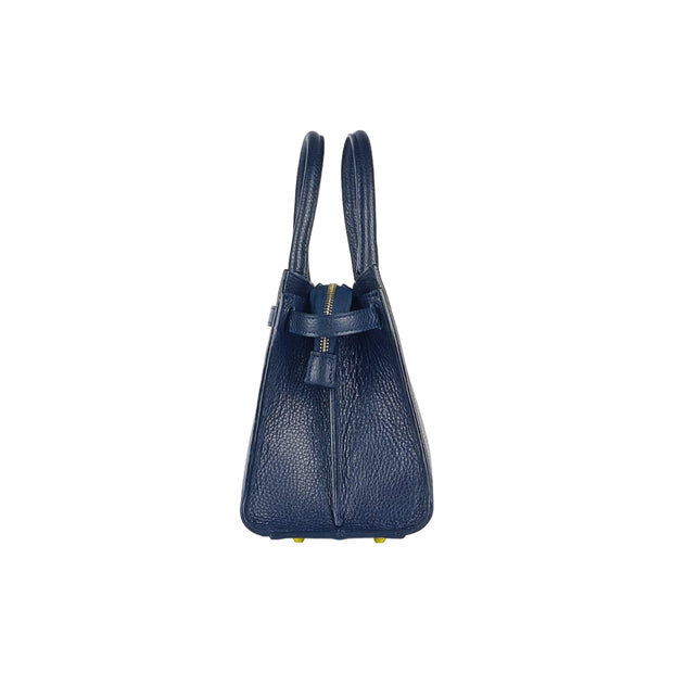 RB1016D | Women's handbag in genuine leather Made in Italy with removable shoulder strap. Attachments with shiny gold metal snap hooks - Blue color - Dimensions: 28 x 20 x 14 + 12.5 cm-5