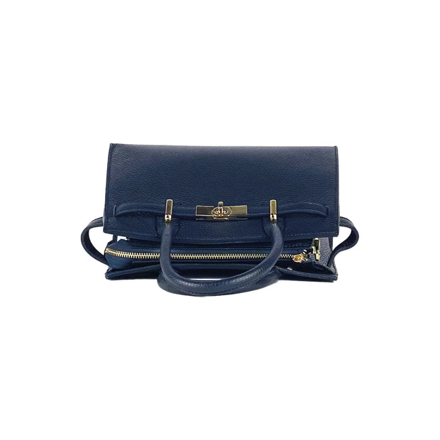 RB1016D | Women's handbag in genuine leather Made in Italy with removable shoulder strap. Attachments with shiny gold metal snap hooks - Blue color - Dimensions: 28 x 20 x 14 + 12.5 cm-6