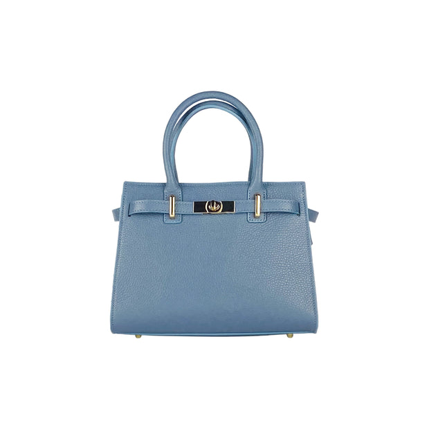 RB1016P | Women's handbag in genuine leather Made in Italy with removable shoulder strap. Attachments with shiny gold metal snap hooks - Air force blue color - Dimensions: 28 x 20 x 14 + 12.5 cm-2