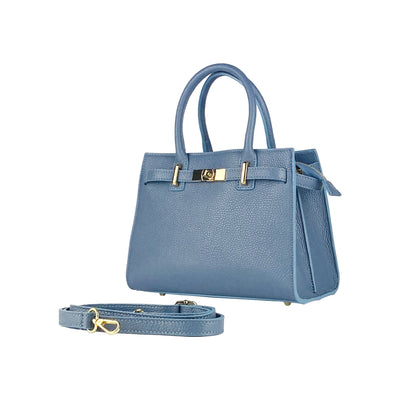 RB1016P | Women's handbag in genuine leather Made in Italy with removable shoulder strap. Attachments with shiny gold metal snap hooks - Air force blue color - Dimensions: 28 x 20 x 14 + 12.5 cm-0