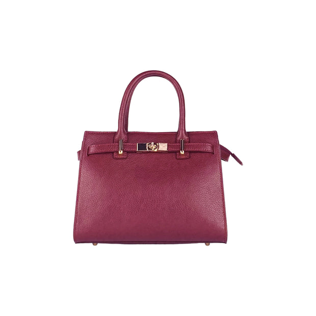 RB1016X | Women's handbag in genuine leather Made in Italy with removable shoulder strap. Attachments with shiny gold metal snap hooks. Bordeaux colour. Dimensions: 28 x 20 x 14 + 12.5 cm-2