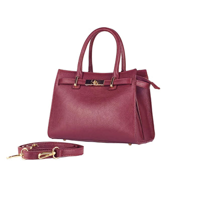 RB1016X | Women's handbag in genuine leather Made in Italy with removable shoulder strap. Attachments with shiny gold metal snap hooks. Bordeaux colour. Dimensions: 28 x 20 x 14 + 12.5 cm-0