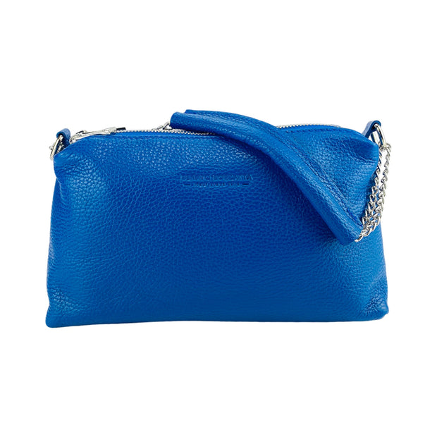 RB1025CH | Women's handbag with double zip in Genuine Leather Made in Italy. Adjustable leather shoulder strap. Polished Nickel Accessories - Royal Blue Color - Dimensions: 26 x 14 x 9 cm-3