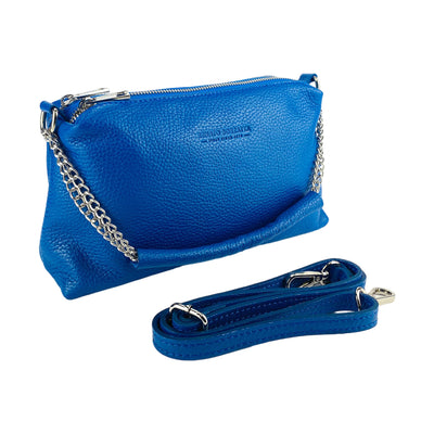 RB1025CH | Women's handbag with double zip in Genuine Leather Made in Italy. Adjustable leather shoulder strap. Polished Nickel Accessories - Royal Blue Color - Dimensions: 26 x 14 x 9 cm-0