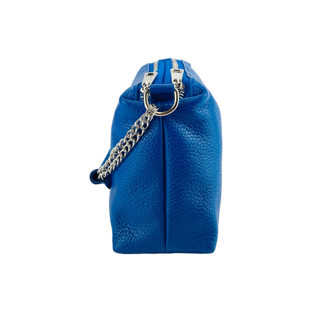 RB1025CH | Women's handbag with double zip in Genuine Leather Made in Italy. Adjustable leather shoulder strap. Polished Nickel Accessories - Royal Blue Color - Dimensions: 26 x 14 x 9 cm-5